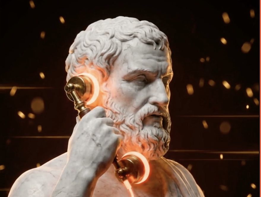 Statue de marbre au combiné téléphonique néon — l'agent vocal AW3