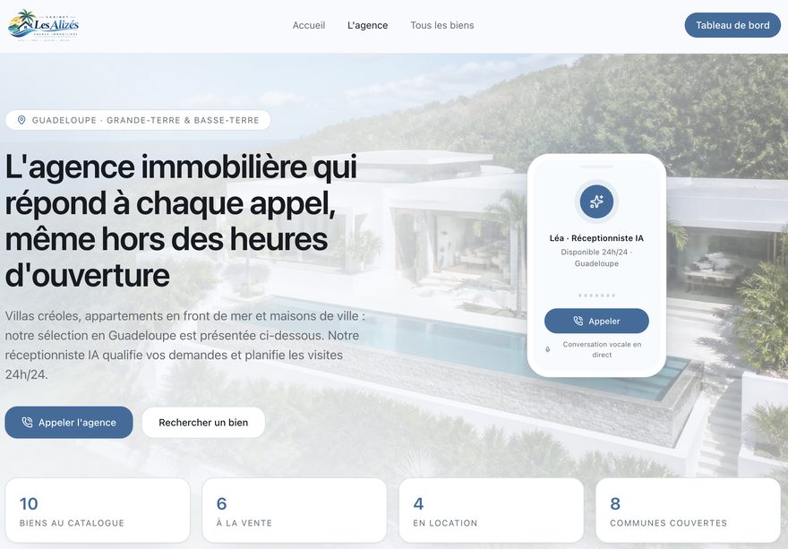 Capture du site Les Alizés — agence immobilière démo avec Léa, la réceptionniste IA