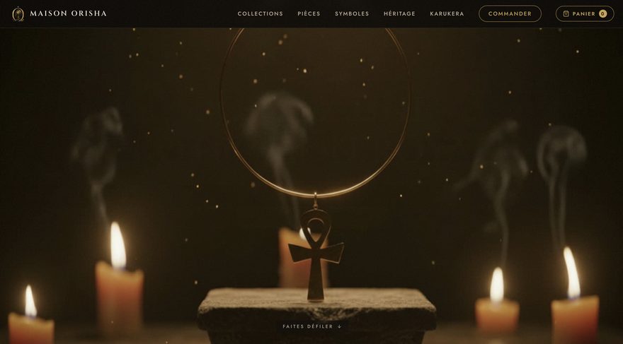 Capture du site Maison Orisha — e-commerce de bijoux, ambiance sombre et dorée